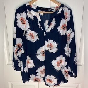 Ivanka Trump Navy Blue and White Floral Blouse 3/4 Sleeve perfect for the office